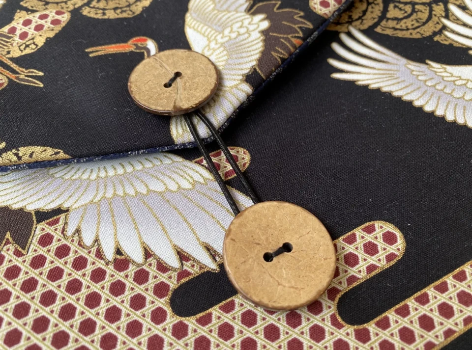 Made of Japan PC cases with wooden buttons & elastic loop closure